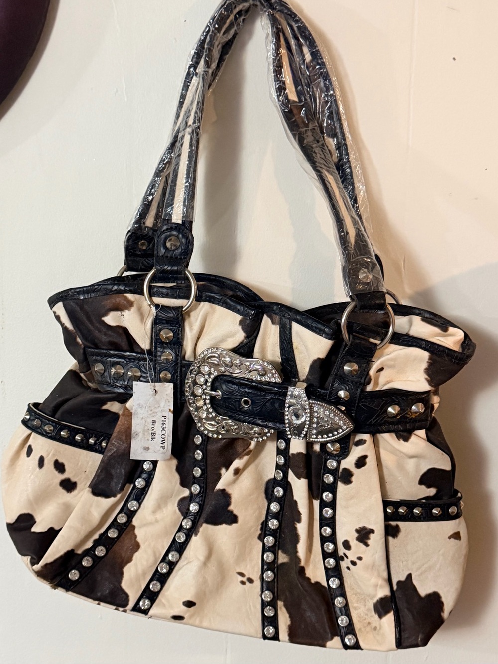 Vintage But New Soft Cow Print Pattern Western Handbag Purse Rhinestones